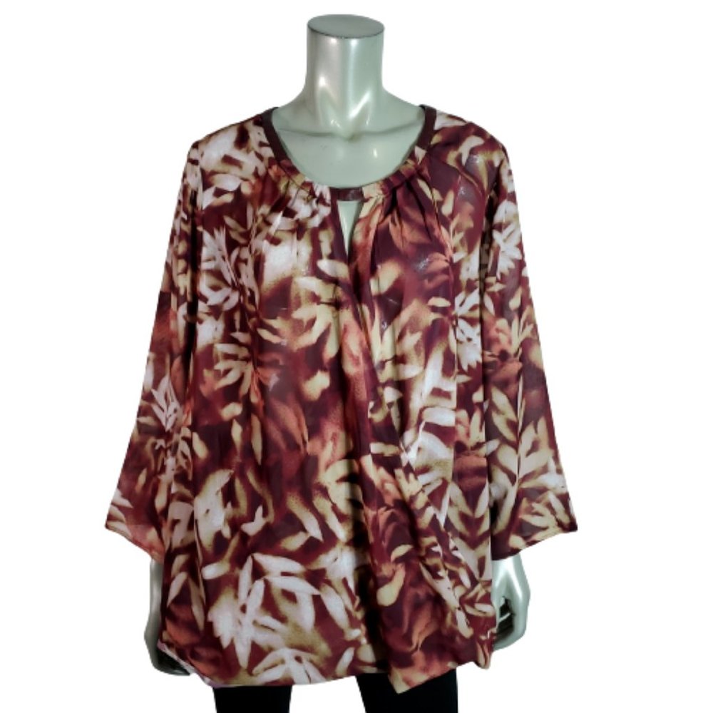 Catherines Black Label Top Plus Size 1X Faux Leather Trim Surplice Sheer Red